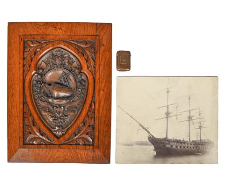 Nelson interest. A copper electrotype and carved oak relief of materials made from HMS Foudrouyant, late 19th c, 38 x 29.5cm,