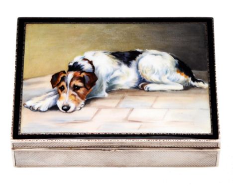 A Continental silver and enamel cigarette box, the lid with a terrier in black border, the sides engine turned, cedar lined, 