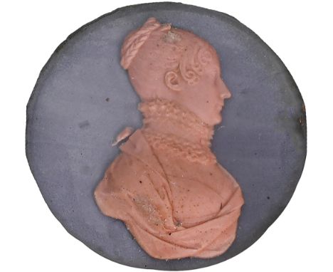 A French wax bas relief portrait miniature of a lady, 19th c, 77mm diam, pearwood frame with gilt brass surround Slight movem