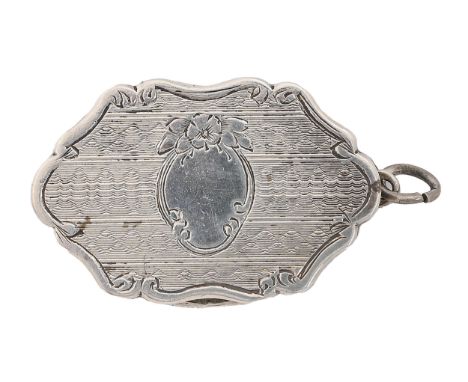 A Victorian silver vinaigrette,&nbsp; shaped oblong and engine turned, the&nbsp; cartouche engraved with flower, flower and s