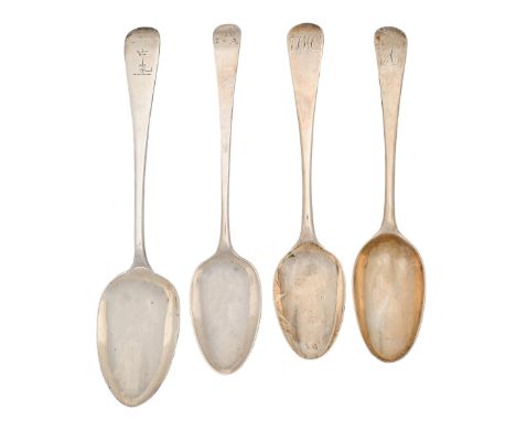 One George II and two early George III silver tablespoons and a larger Victorian Irish silver tablespoon,&nbsp; Old English p