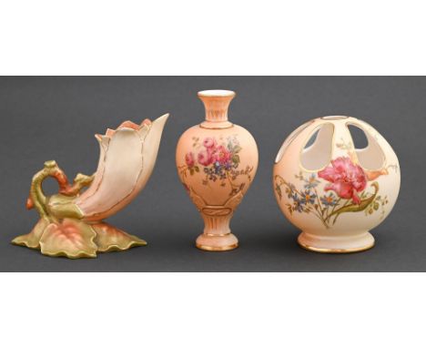 A Royal Worcester violet vase and two others, 1897, 1907 and circa, two printed and painted with wild flowers on a shaded apr