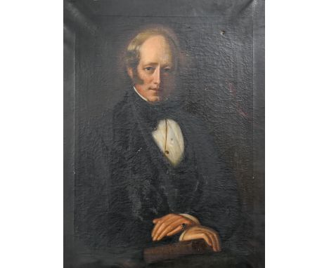 English School, 19th c - Portrait of a Gentleman, seated half length in a black coat, his hands resting on a book, oil on can
