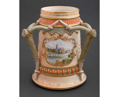 A Royal Worcester three handled loving cup, 1901, painted with a view of Worcester from across the River Severn and fruit, by
