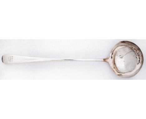 A George III silver soup ladle, Old English pattern, crested, maker AB, probably Abraham Barrier, London, date letter rubbed,