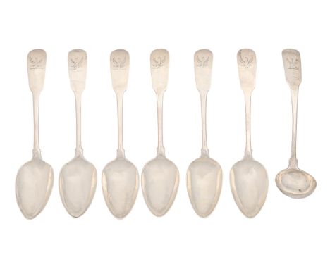 A set of six Irish George III silver dessert spoons,&nbsp; Fiddle pattern, crested, by Richard Sawyer, Dublin 1817 and a crea