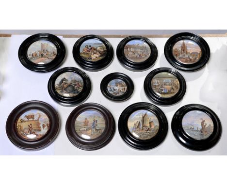 Eleven F &amp; R Pratt colour printed earthenware pictorial pot lids, c1860, various subjects and sizes, all framed All in ap