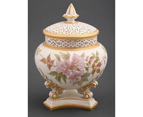 A Grainger's Worcester pot pourri vase, cover and inner cover, 1890, decorated with shaded pink flowers and raised gilding on