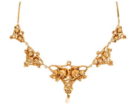 A French Art Nouveau gold necklace, c1900,&nbsp; the five cast openwork rose filled links graduated from the centre, the larg