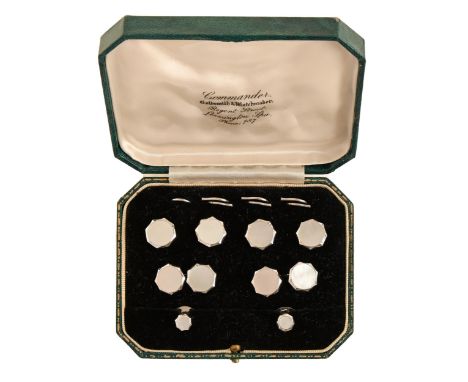 A mother of pearl and white gold dress set, second quarter 20th c,&nbsp;comprising pair of cufflinks and studs and four butto