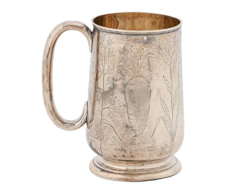 A Victorian silver mug, engraved with plants and vegetables and inscribed as an agricultural prize of Messrs Sutton &amp; Son