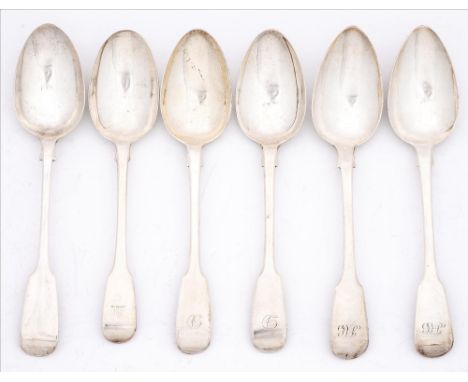 Six silver tablespoons, George IV and Victorian, Fiddle pattern, all London, by various makers, 1824-1856, 14ozs 5dwts Even l