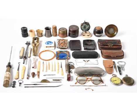 Miscellaneous Victorian and later miniature bygones, to include travelling inkwells, barrel shaped pin cushion of teak from H