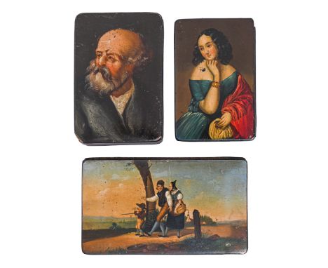 Three&nbsp; papier-mache snuff boxes, mid 19th c,&nbsp;the lid painted with a lady in a blue dress, study of a bearded gentle