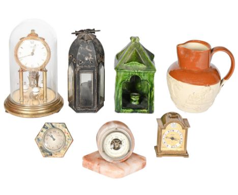 A green glazed earthenware hand lantern, early 20th c, 18cm h, an hexagonal tinplate lantern with bevelled glass lights, etc 