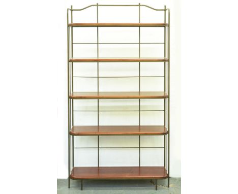 A metal framed and stained wood five shelf open bookcase, recent manufacture, 182cm h; 23 x 94cm Good condition