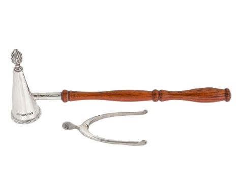 An Elizabeth II silver candle snuffer, with turned wood handle, 20cm l, by Lawrence R Watson &amp; Co, Birmingham 2005 and a 