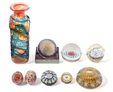 Four Caithness and other glass millefiori paperweights, a 1970's trailed glass vase, etc As a lot in good condition