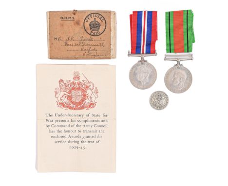 WWII attributed pair, Defence Medal and War Medal, card box addressed Radford Nottingham and King's Badge 