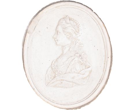 An oval plaster bas relief portrait medallion of Queen Charlotte, after the wax portrait by Isaac Gosset, late 18th c, 95mm, 