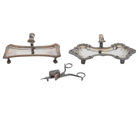 A Sheffield plate&nbsp; snuffer tray, late 18th c,&nbsp; crested, 19cm l, another and a pair of wick trimmers (3) The first i