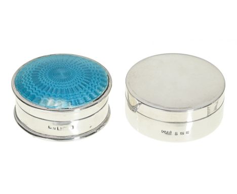A George V silver rouge pot and&nbsp; blue guilloche enamel cover,&nbsp; 45mm diam, marked on pot only, marks rubbed, by Levi