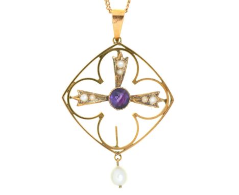 An amethyst, cultured pearl and split pearl openwork pendant, early 20th c, in gold, 38mm, on gold necklet, 5.7g Good conditi