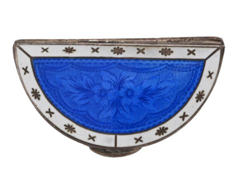 A George V silver and white and blue guilloche enamel half round trinket box, 49mm l, by Cohen &amp; Charles, Chester 1910, 1