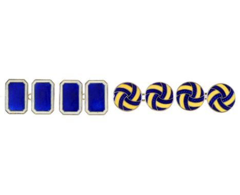 A pair of silver and blue and yellow enamel round knot cufflinks, 14mm diam, by Deakin &amp; Francis Ltd, Birmingham 1990 and