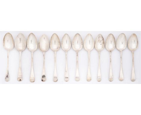 Twelve silver tablespoons, George III and George IV, Old English pattern, London, by various makers, 23ozs 10dwts Light wear