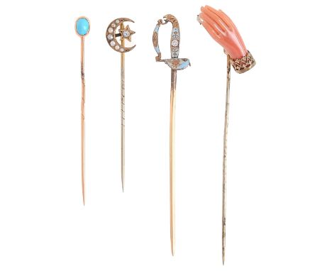 A Victorian gold stickpin,&nbsp; with turquoise terminal, another stickpin in the form of a sword with diamond set enamel hil