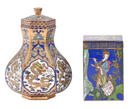 A Chinese cloisonne enamel canister and cover and another of hexagonal section, both 20th c, 78 and 115mm h Good condition