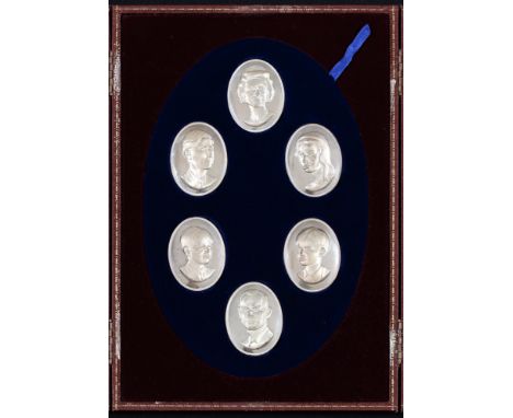 A set of six Elizabeth II oval silver portrait medallions of the royal family, 53mm, by John Pinches (Medallists) Ltd, London