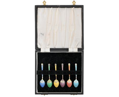 A Harlequin set of six Elizabeth II silver gilt and guilloche enamel coffee spoons, by Turner &amp; Simpson, Birmingham 1957,