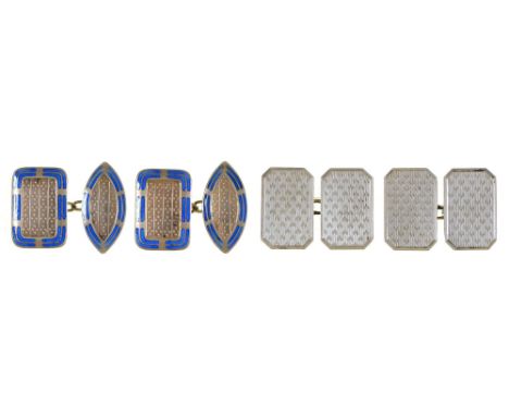 A pair of silver and blue enamel bordered cufflinks, c1925, marked STERLING SILVER RD 710041 and a pair of silver cufflinks, 