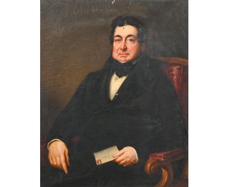 William Richard Waters (1813-1880) - Portrait of a Gentleman, seated three quarter length holding a letter, in a mahogany cha