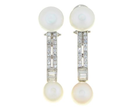 A pair of diamond and cultured pearl earrings, the button and drop shaped cultured pearls divided by articulated round brilli