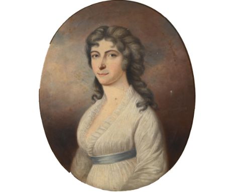 English School, 19th c - Portrait of a Lady of the Luck Family, three quarter length in a white dress with blue ribbon, with 