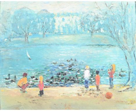 M Gough, 20th c - Winter Pond, signed, inscribed with the title and artist's address 12 St James's Square Bath on a label ver