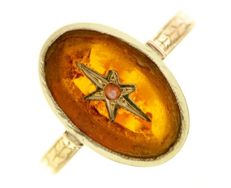 A split pearl and cornelian ring,&nbsp; in gold, 3g, size I Worn and hoop repaired