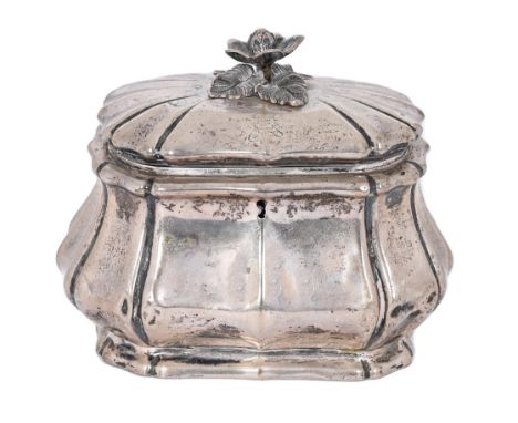 A Continental silver tea caddy, probably German, c1880, of bombe form with naturalistic flower knop, 13cm h, maker's and fine