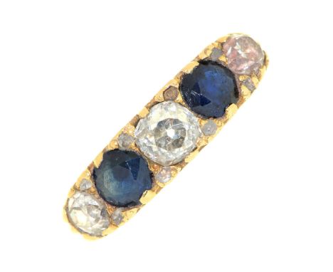 A sapphire and&nbsp; diamond five stone ring,&nbsp; with old cut diamonds, in gold marked 18, other marks indistinct, 4.9g, s