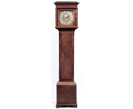 An English oak eight day longcase clock, J R Malton, the 12" brass dial with matted centre, date sector, subsidiary seconds a