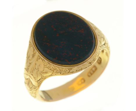 A Victorian 15ct gold signet ring, set with bloodstone, Birmingham 1865, 3.5g, size L Light wear, dents on lower part of hoop