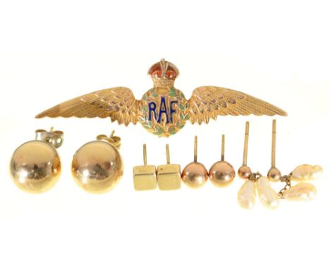 A 9ct gold and enamel RAF sweetheart's brooch, 59mm l, Birmingham, marks rubbed, and several ear studs Enamel slightly defect