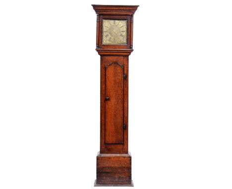 An English oak thirty hour longcase clock, R[ober]t Woollat Glastonbury, 18th c, the 10" brass dial with matted centre, pierc