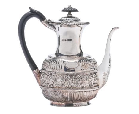 A Victorian silver coffee pot, stamped with a band of scrolling foliage between cable moulding, 21cm h, by William Hutton &am