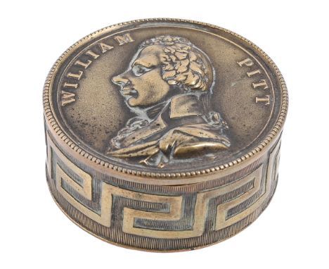 William Pitt the Younger. A commemorative stamped brass snuff box and cover, early 19th c, the sides of the box&nbsp; with Gr