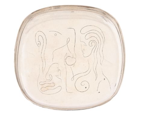 Geoffrey Bellamy. An Elizabeth II engraved silver Adam and Eve dish, 10 x 10cm, maker's mark and facsimile signature, also ma