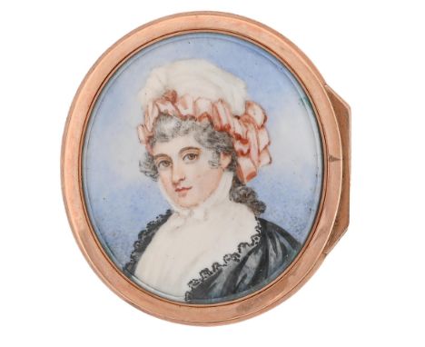 A gold mounted agate boite a miniature , late 19th c, with portrait miniature of a lady in a pink cap and black dress, sky ba